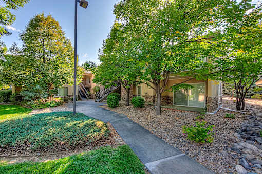 a house with a sidewalk and trees in front of it