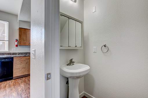 a bathroom with a sink and a mirror