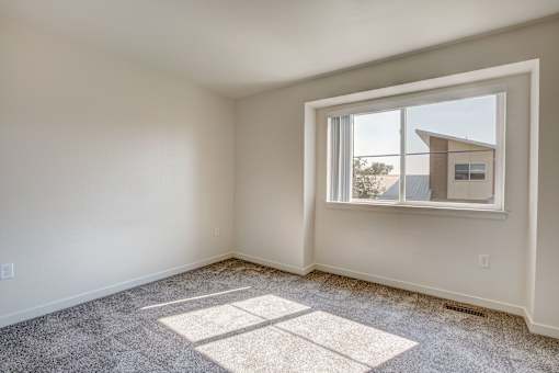 an empty room with a window and a carpet
