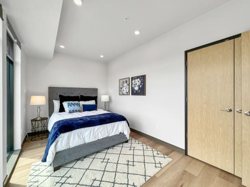 a bedroom with a bed and a closet