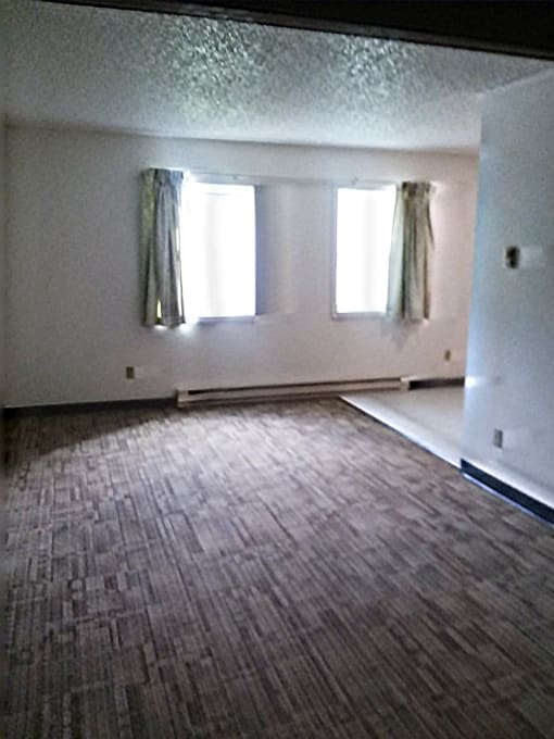 Image of carpeted room with two windows and base board heater