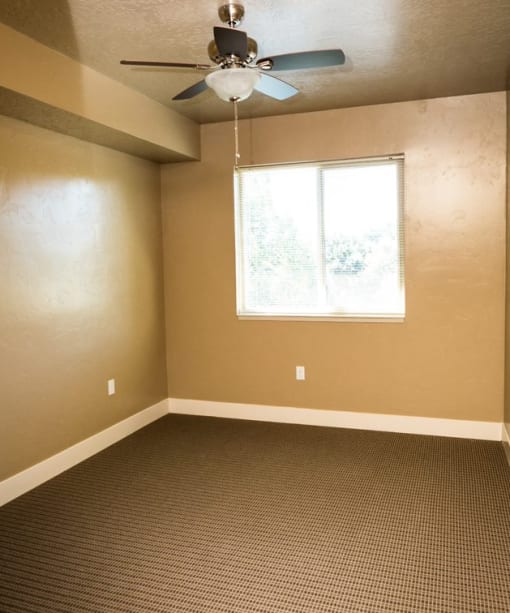 bedroom room with a ceiling fan and a window