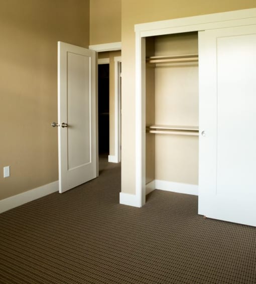 a bedroom with a closet and a door open