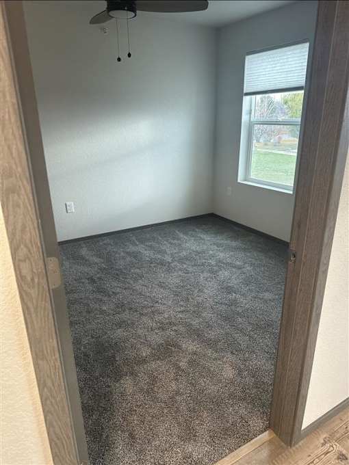 A room with a carpeted floor and a ceiling fan.