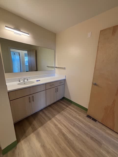 A bathroom with a sink, mirror, and wooden floors.