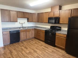A kitchen with black appliances and wooden cabinets.