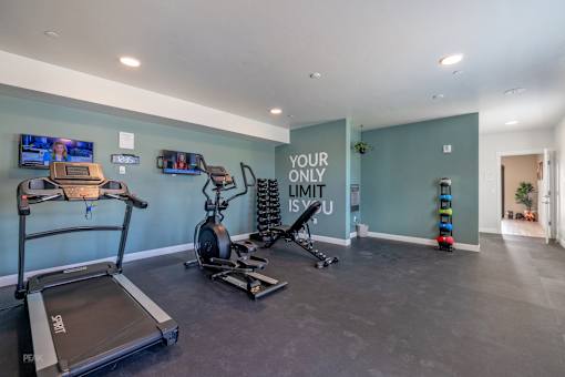 A home gym with a treadmill, exercise bike, and other equipment.