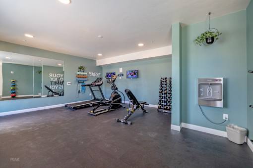 A gym with treadmills, exercise bikes, and a TV.