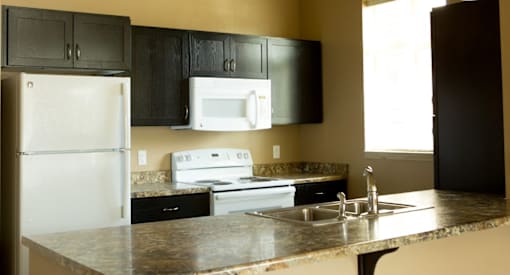 a kitchen with black cabinets and white appliances