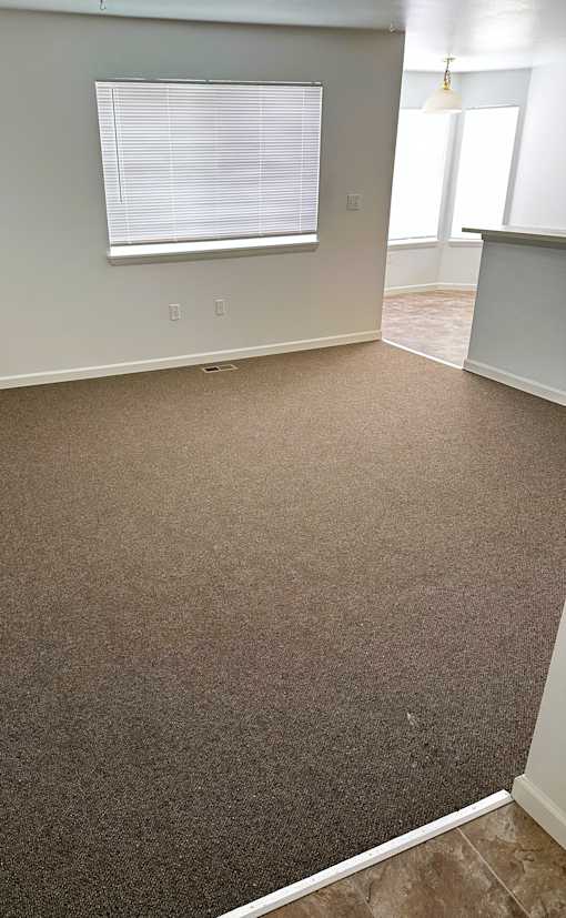 A room with a carpeted floor and a window with blinds.