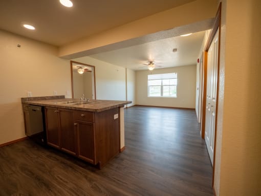 Image of dishwasher, sink, cabinets and counter space