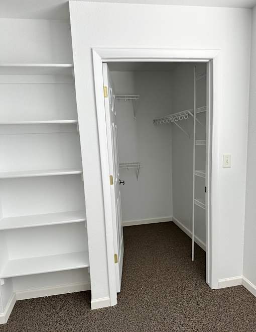 A white closet with shelves and an open door.