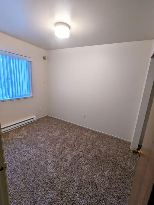 Alternate view of bedroom showing window and carpeting .