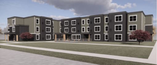 Skyview Apartments outside with lawn