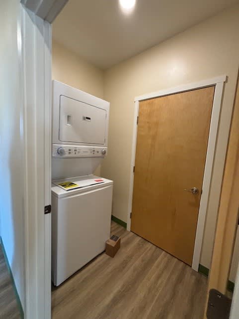 A small room with a washing machine and a wooden door.