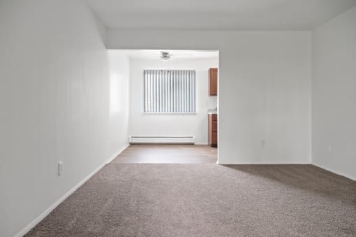 a living room with white walls and carpet and a window