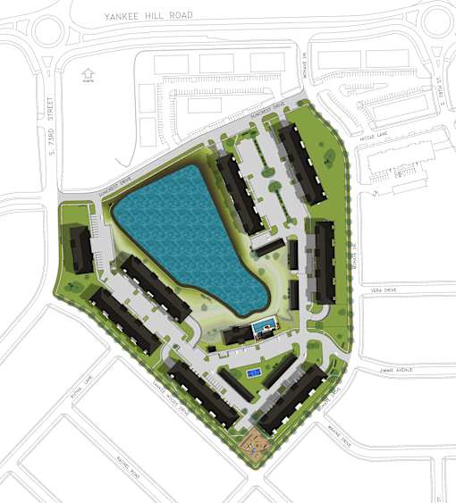 A map shows a layout of streets and a lake surrounded by buildings.