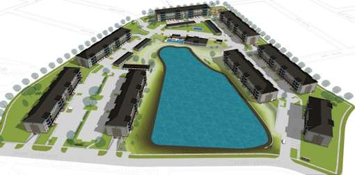A blue pool is surrounded by apartment buildings.