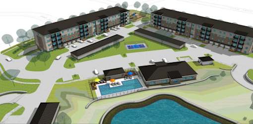 A drawing of a resort with a swimming pool.