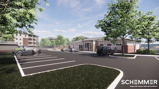 a rendering of a parking lot with cars in front of a building
