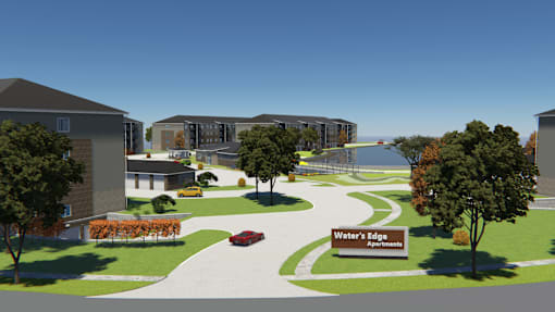 A rendering of a residential area with a sign that reads "Water's Edge Apartments.".