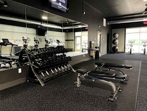 A gym with treadmills, elliptical machines, and a television.
