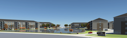 A large building complex with a pond in the middle.