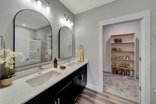 A bathroom with a sink, mirror, and a potted plant.