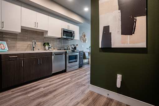 A modern kitchen with wood floors and dark green walls.