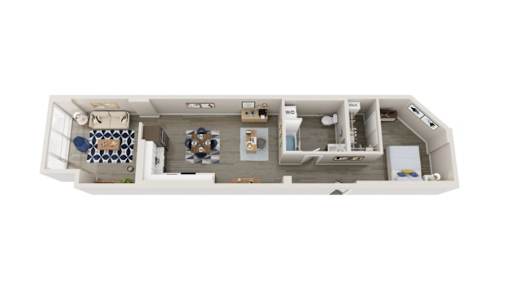 A white model of a boat with a kitchen and living room.