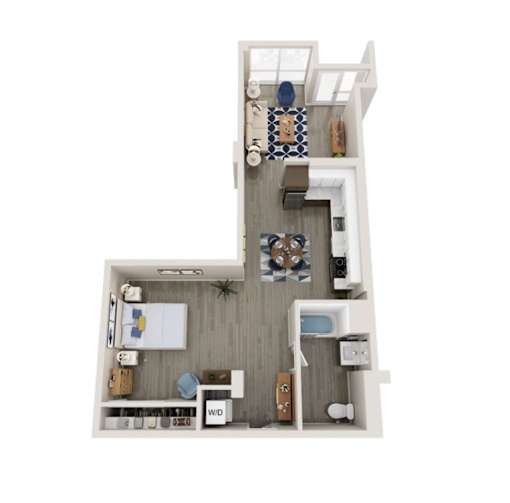 A top down view of a small apartment with a kitchen, living room and bathroom.