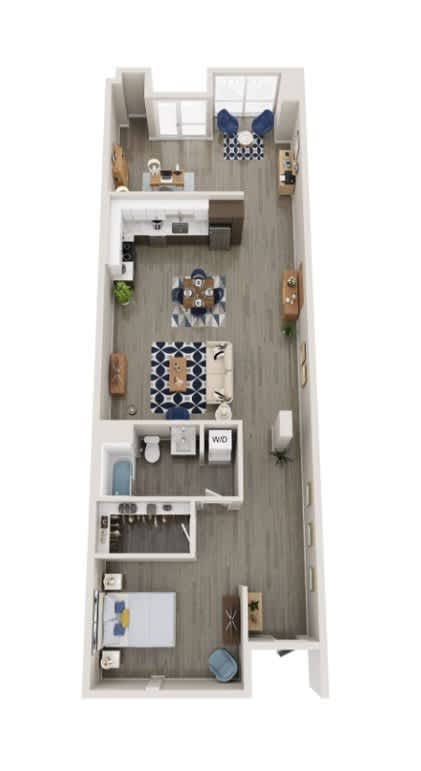 A top down view of a small apartment with a kitchen, living room and bathroom.