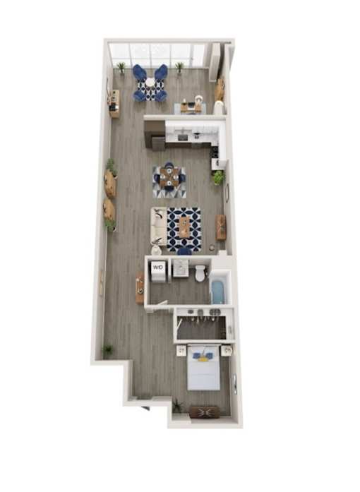 A top down view of a small apartment with a kitchen, living room and bathroom.