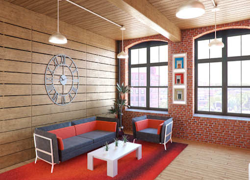 A living room with a couch, chair, and a clock on the wall.