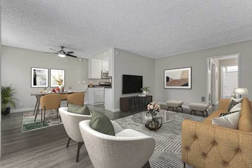 a living room and dining room with couches and chairs
