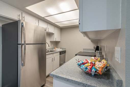 A kitchen with a black refrigerator and a granite countertop.