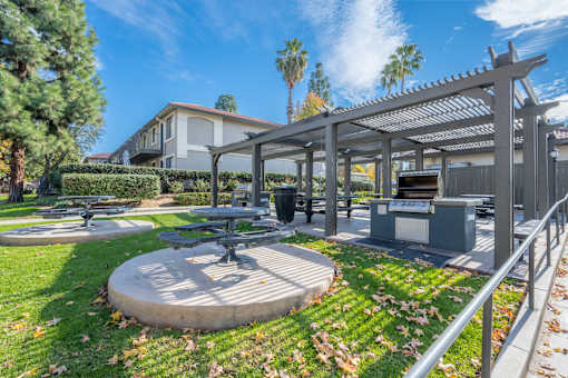 A park with a picnic table and a pavilion.