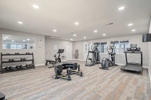 A spacious gym with a variety of exercise equipment.