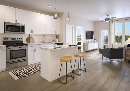 a kitchen and living room with an island and two stools