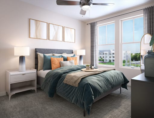 a bedroom with a large window and a bed