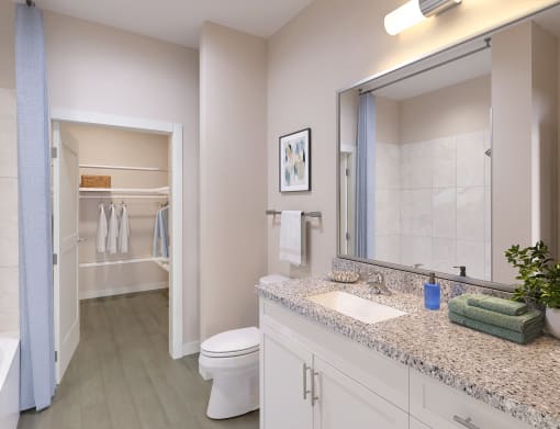 a bathroom with a large mirror and a toilet and a sink