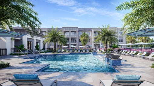 a swimming pool with chairs and umbrellas and a building in the background