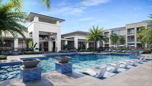 a swimming pool in front of a hotel with palm trees