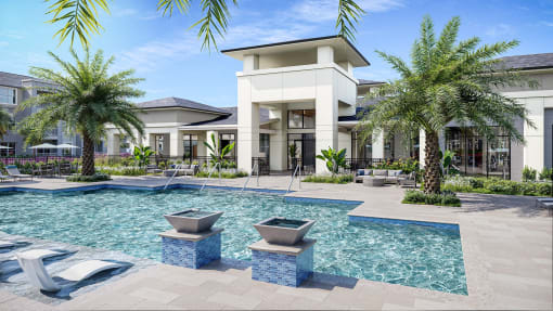 a swimming pool with palm trees and a building in the background