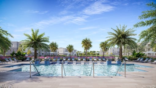 a pool with palm trees and lounge chairs at the resort on a sunny day