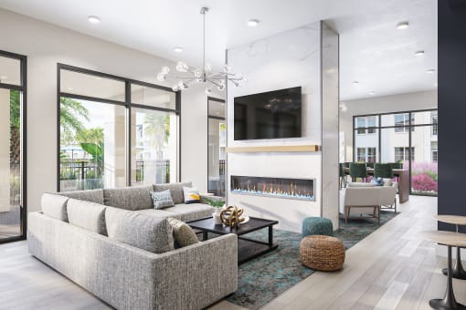 a living room with a couch and a fireplace