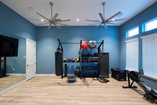 a home gym with blue walls and a wooden floor