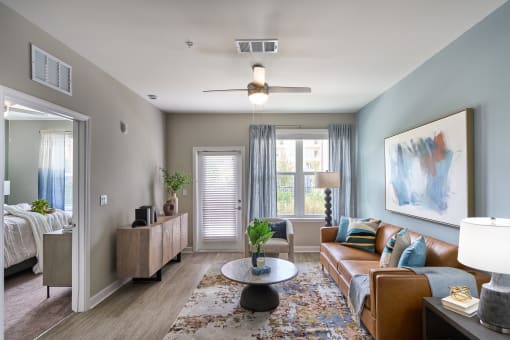 a living room with a couch and a coffee table