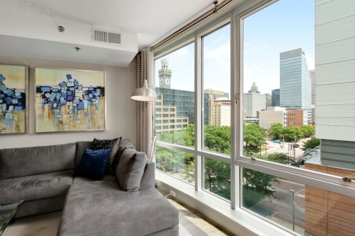 Floor to ceiling windows with a city view at The Zenith, Baltimore