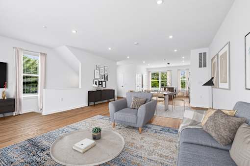 A living room with a grey couch and a rug.